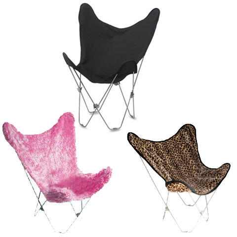 Butterfly chairs in black, pink and leopard.